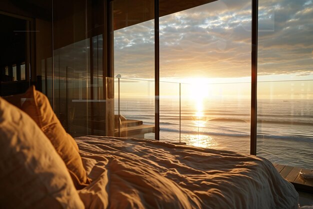 Photo une vue sereine sur l'océan depuis la fenêtre d'une chambre à coucher
