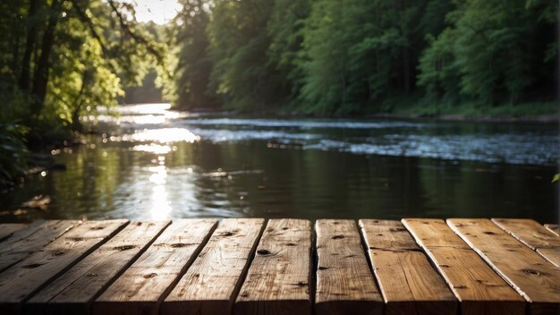 Photo vue sereine de la rivière depuis un quai de bois rustique baigné par la chaude lumière du soleil