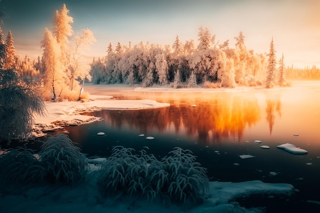 Une vue sereine d'une rivière gelée entourée de montagnes couvertes de givre organisées et classées clairsemées