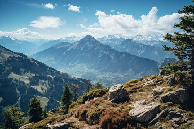 Vue sereine de la vallée alpine et de la chaîne de montagnes