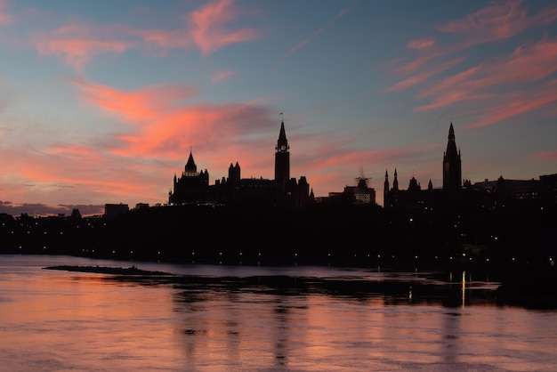 Vue de la silhouette de la colline du Parlement au centre-ville d'Ottawa