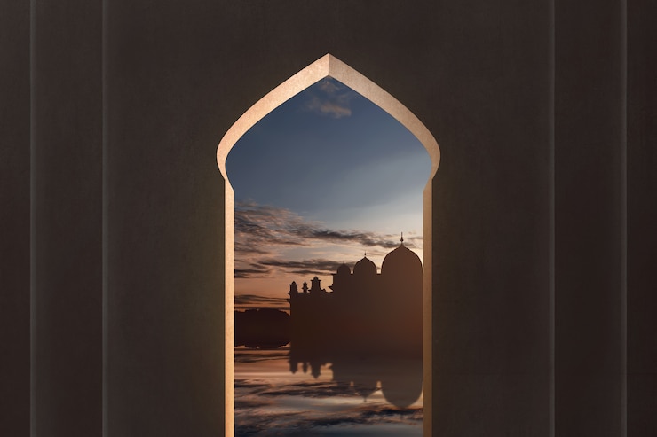Photo vue de la silhouette de la mosquée depuis la fenêtre