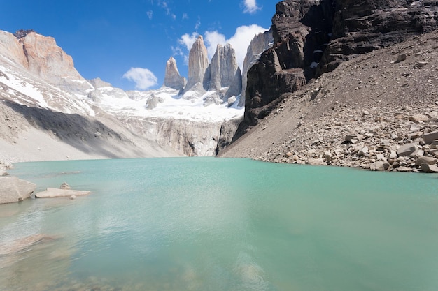 Vue des sommets de Torres del Paine au Chili Paysage de la Patagonie chilienne Point de vue de la base de Las Torres