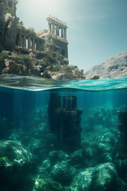 Vue sous-marine d'un château et du fond de l'eau