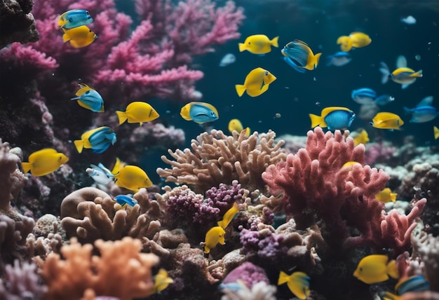 Vue sous-marine du récif de corail avec des poissons tropicaux colorés