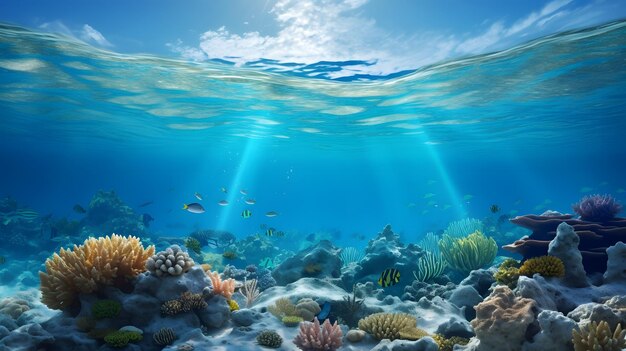 Vue sous-marine du récif corallien et de la mer tropicale avec la lumière du soleil