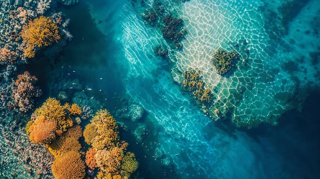 Vue sous-marine de l'eau azur avec des récifs coralliens fluides et des organismes marins