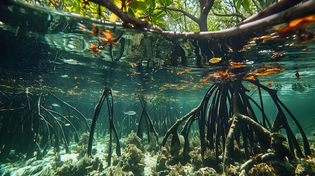 Photo une vue sous-marine d'une forêt de mangroves