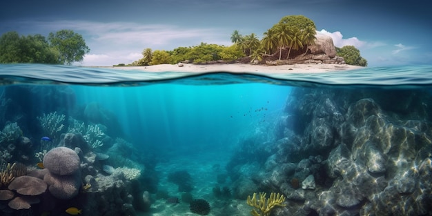 Vue sous-marine d'une île tropicale avec récif de corail et plage de sable avec génération d'IA