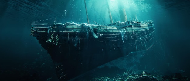Vue sous-marine majestueuse d'un grand paquebot historique coulé