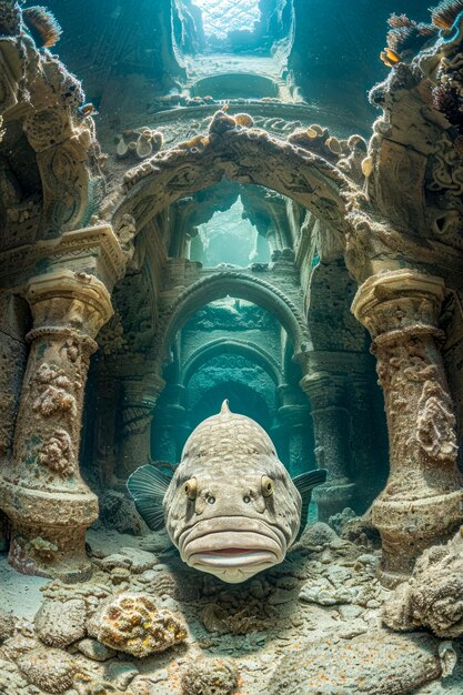 Vue sous-marine majestueuse des grouper près des ruines coulées et des récifs coralliens Exploration de la vie marine