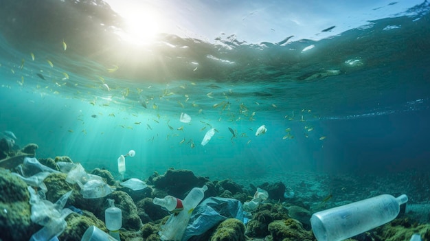 Vue sous-marine pleine de déchets plastiques Pollution plastique dans l'océan