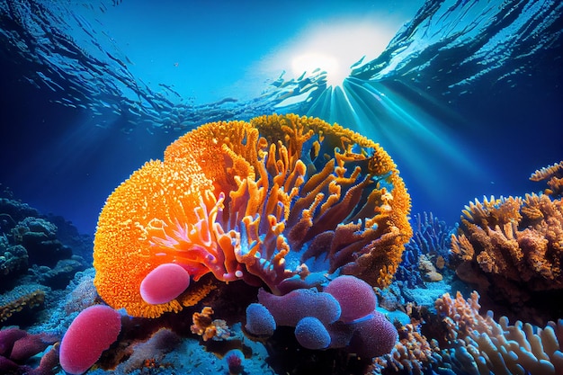 Une vue sous-marine d'un récif de corail avec une ai générative d'anémone de mer orange