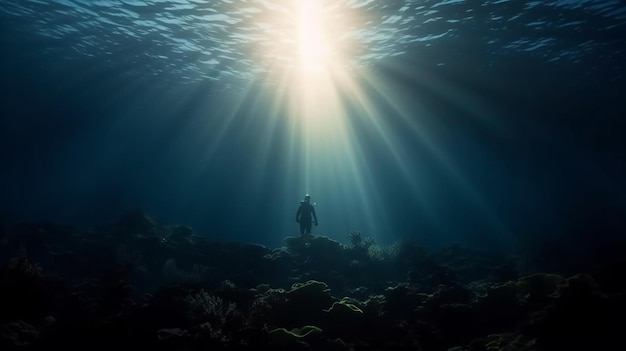 Vue sous-marine avec la silhouette d'un homme dans une combinaison de plongée ai générative