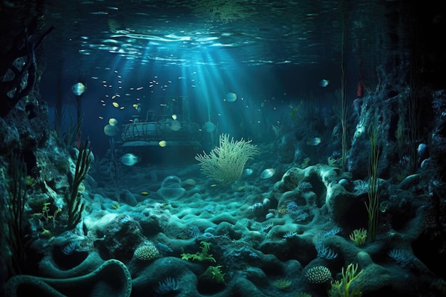 Vue sous-marine de la tranchée des Mariannes avec des créatures bioluminescentes créées avec l'AI générative