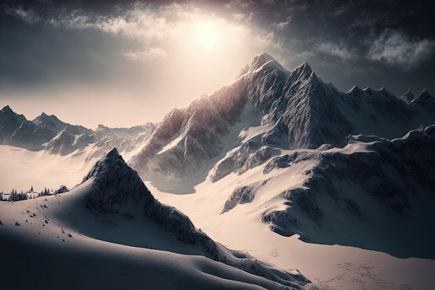 Vue spectaculaire sur les montagnes enneigées en hiver contre un ciel brumeux