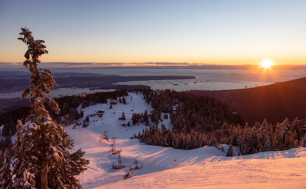 Vue de la station de ski Top of Grouse Mountain avec la ville en arrière-plan