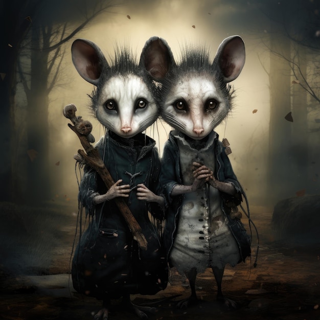 vue d'un style sombre de deux opossums