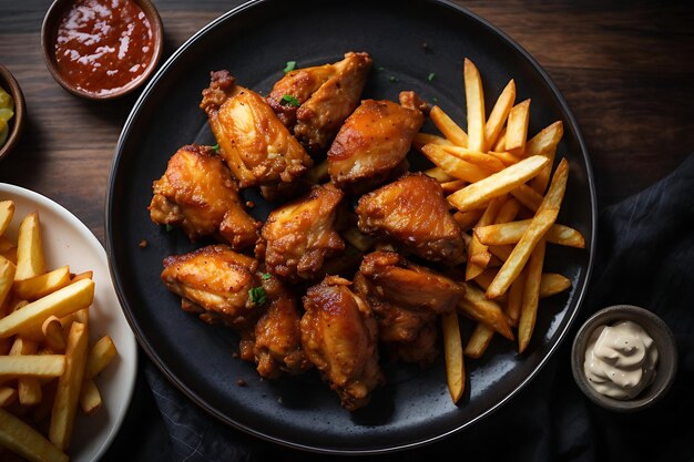 Vue supérieure ailes de poulet savoureuses à l'intérieur de l'assiette sur une surface sombre dîner nourriture frites viande déjeuner sandwich repas