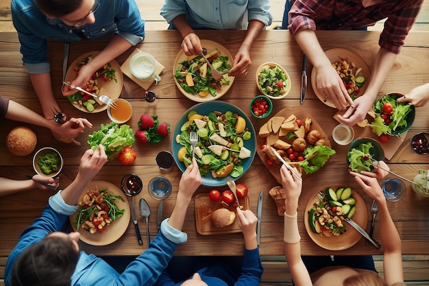 Vue supérieure d'amis végétaliens se rassemblant autour d'une table en bois en train de discuter et de manger b IA générative