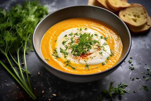 Vue supérieure d'une assiette de soupe de carottes avec fromage à la crème accompagnée d'oignon et d'épices.