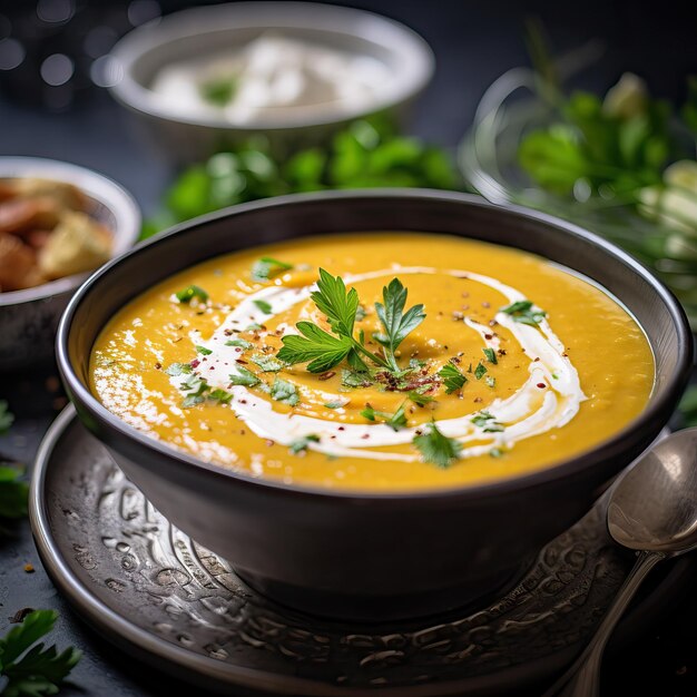 Vue supérieure d'une assiette de soupe de carottes avec fromage à la crème accompagnée d'oignon et d'épices.