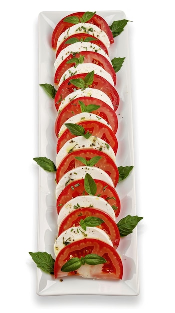 Photo vue supérieure d'une assiette avec des tranches de tomates fraîches et du fromage mozzarella crémeux disposés en cercle