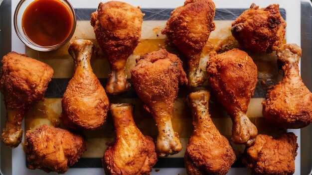 Photo vue supérieure des baguettes de poulet frites sur la planche à couper