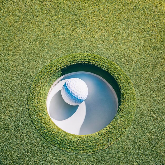 Vue supérieure d'une balle de golf blanche disposée dans un trou de forme ronde sur un parcours de golf à la lumière du jour en été