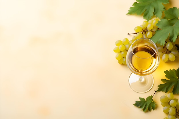 Vue supérieure de la bannière du vin blanc Un verre de vin blanc et des grappes de raisins jaunes verts sur un fond clair pastel avec un espace de copie Grapes de Riesling pour faire des vins blancs secs semi-sucrés sucrés et mousseux