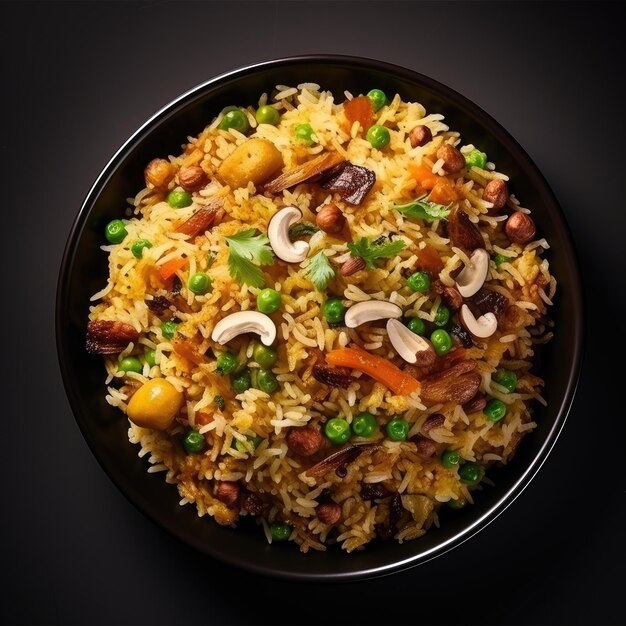 vue supérieure biriyani indien dans une assiette avec un fond blanc