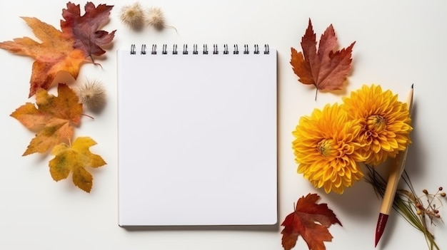 Vue supérieure d'un bloc-notes vide avec des feuilles et des fleurs d'automne sur un fond blanc AI générative