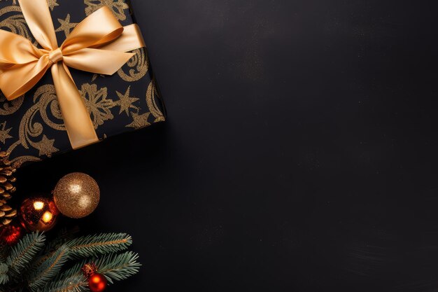 Vue supérieure de la boîte cadeau de décoration de Noël et de la bannière à fond sombre