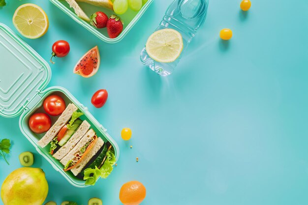 Vue supérieure de la boîte à déjeuner avec des sandwichs, des fruits et de l'eau dans une bouteille