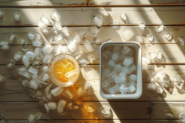 Vue supérieure d'une boîte de refroidissement en plastique avec des cubes de glace et de la bière