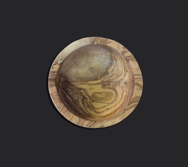 Vue supérieure d'un bol en bois d'olive sur fond noir avec un style plat adapté à votre élément de conception