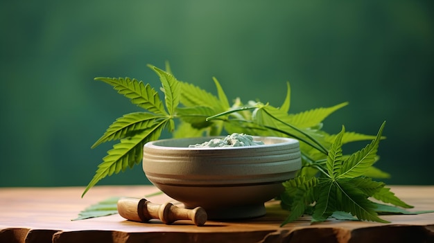 Photo vue supérieure d'un bol de poudre de neem avec une feuille de neem sur un fond blanc propre ia générative