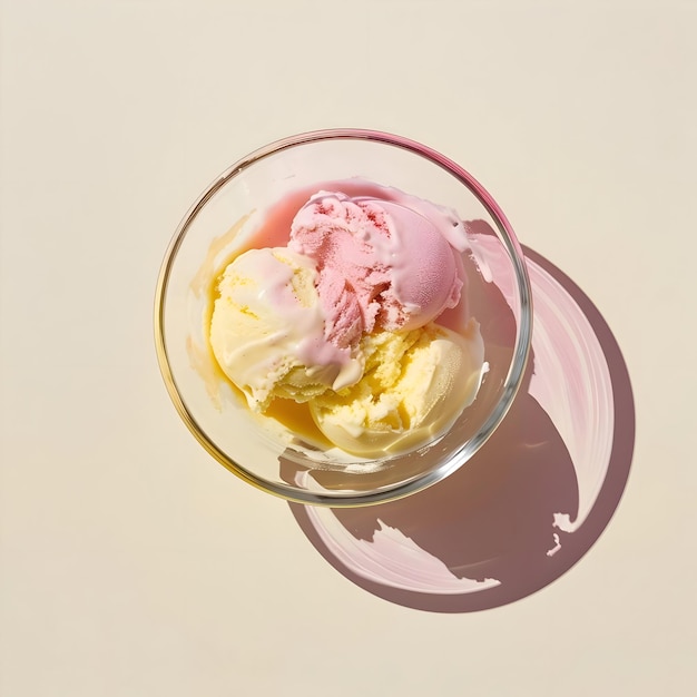 Photo vue supérieure d'un bol de verre de crème glacée rose et jaune sur un fond blanc haute résolution