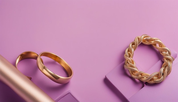 Photo vue supérieure des bracelets et de l'anneau dorés modernes sur un podium rose sur fond violet avec un espace de copie