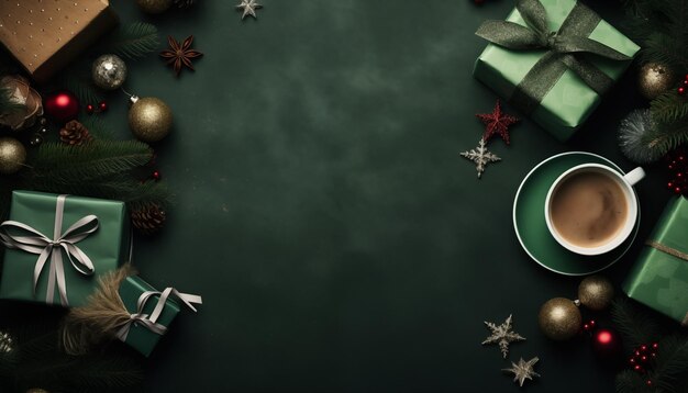 Vue supérieure des branches de boisson chaude nobilis boules de Noël cadeau de Noël sur le vert avec l'espace au centre