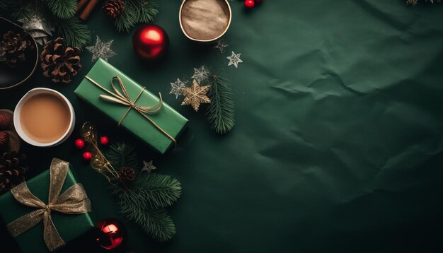 Vue supérieure des branches et cônes de café nobilis, cadeaux de Noël avec un ruban sur fond vert