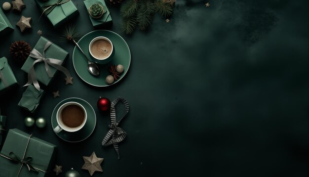 Vue supérieure des branches et des cônes de café nobilis cadeaux ruban sur fond vert avec l'espace à droite