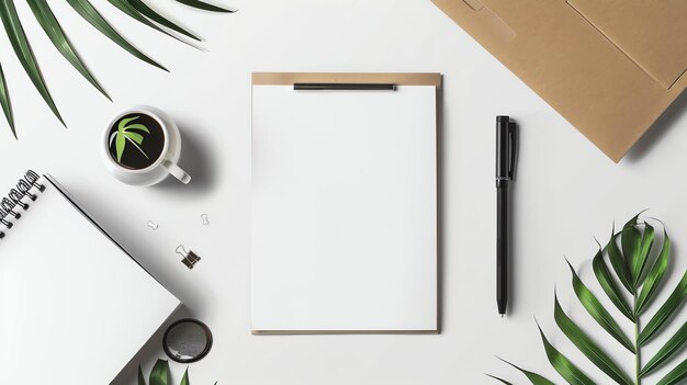 Vue supérieure d'un bureau avec un bloc-notes blanc, un stylo, des coupes de papier pour une tasse de café et des feuilles tropicales