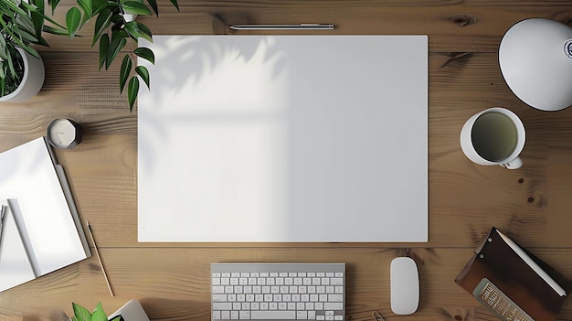 Vue supérieure d'un bureau en bois avec une feuille de papier blanche un clavier une souris une tasse de café une plante un cahier un stylo et un crayon