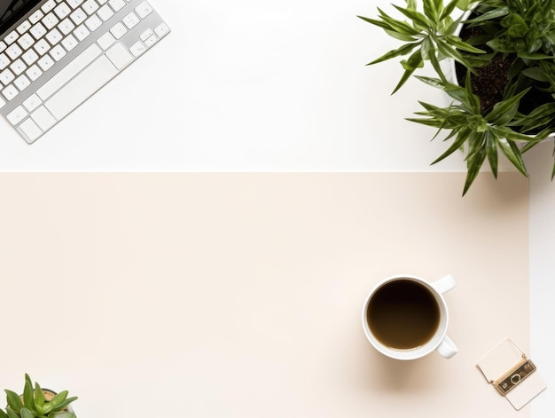 vue supérieure d'un bureau de bureau avec une tasse de café et un ordinateur portable