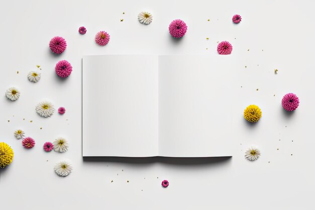 Photo vue supérieure à un cahier blanc ouvert avec des fleurs éparpillées sur la table à plat copier l'espace et la mock-up ai g