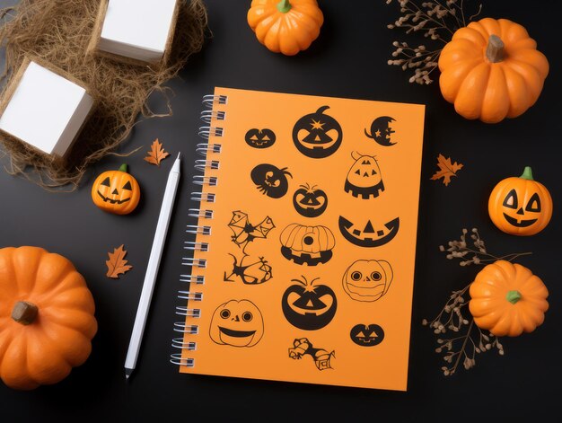 Vue supérieure Carnet de notes vide sur table en bois avec des feuilles d'automne de citrouille de décoration traditionnelle d'Halloween et w