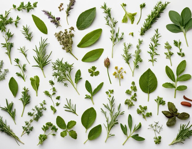 Vue supérieure de la collection d'herbes variées sur un fond blanc