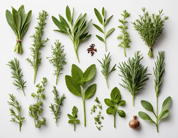 Vue supérieure de la collection d'herbes variées sur un fond blanc