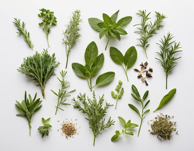 Vue supérieure de la collection d'herbes variées sur un fond blanc